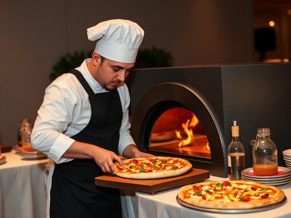 Chef pizzaiolo do Capriccio assando pizza em forno profissional durante evento
